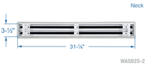 Load image into Gallery viewer, Neck measurements of a white 32 inch 2-slot linear diffuser with 25mm openings for high airflow in commercial HVAC systems