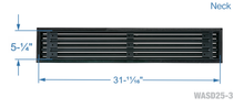 Load image into Gallery viewer, Neck dimensions of a black 32 inch 3-slot linear diffuser with 25mm openings for high airflow in commercial HVAC systems