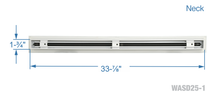 Load image into Gallery viewer, Neck dimensions of a white 34 inch 1-slot linear diffuser with 25mm openings for high airflow in commercial HVAC systems