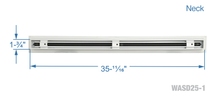 Load image into Gallery viewer, Neck dimensions of a white 36 inch 1-slot linear diffuser with 25mm openings for high airflow in commercial HVAC systems