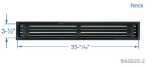 Load image into Gallery viewer, Neck dimensions of a black 36 inch 2-slot linear diffuser with 25mm openings for high airflow in commercial HVAC systems