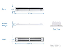 Load image into Gallery viewer, Full dimensions of a white 36 inch 2-slot linear diffuser with 25mm openings for high airflow in commercial HVAC systems
