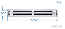 Load image into Gallery viewer, Neck dimensions of a white 36 inch 2-slot linear diffuser with 25mm openings for high airflow in commercial HVAC systems