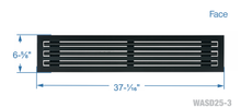 Load image into Gallery viewer, Face dimensions of a black 36 inch 3-slot linear diffuser with 25mm openings for high airflow in commercial HVAC systems