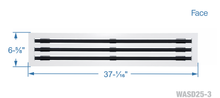Load image into Gallery viewer, Face dimensions of a white 36 inch 3-slot linear diffuser with 25mm openings for high airflow in commercial HVAC systems