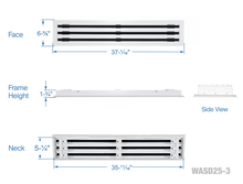 Load image into Gallery viewer, Full dimensions of a white 36 inch 3-slot linear diffuser with 25mm openings for high airflow in commercial HVAC systems
