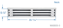 Load image into Gallery viewer, Neck dimensions of a white 36 inch 3-slot linear diffuser with 25mm openings for high airflow in commercial HVAC systems