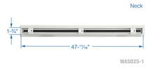 Load image into Gallery viewer, Neck dimensions of a white 48 inch 1-slot linear diffuser with 25mm openings for high airflow in commercial HVAC systems