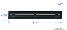 Load image into Gallery viewer, Face dimensions of a black 48 inch 2-slot linear diffuser with 25mm openings for high airflow in commercial HVAC systems