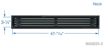 Load image into Gallery viewer, Neck dimensions of a black 48 inch 2-slot linear diffuser with 25mm openings for high airflow in commercial HVAC systems
