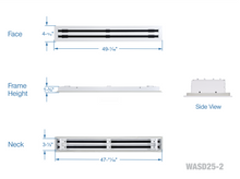 Load image into Gallery viewer, Full dimensions of a white 48 inch 2-slot linear diffuser with 25mm openings for high airflow in commercial HVAC systems