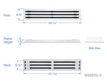 Load image into Gallery viewer, Full dimensions of a white 48 inch 3-slot linear diffuser with 25mm openings for high airflow in commercial HVAC systems