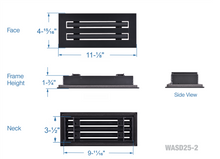 Load image into Gallery viewer, Full dimensions of a black 10x4 inch 2-slot modern vent cover linear diffuser with 25mm openings for high airflow in commercial HVAC systems