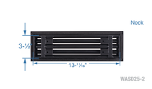 Load image into Gallery viewer, Neck dimensions of a black 14x4 inch 2-slot modern AC vent cover linear diffuser with 25mm openings for high airflow in commercial HVAC systems