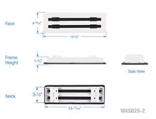 Load image into Gallery viewer, Full dimensions of a white 14x4 inch 2-slot modern vent cover linear diffuser with 25mm openings for high airflow in commercial HVAC systems
