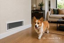 Load image into Gallery viewer, Removable core linear bar grille installed as an HVAC air vent cover with horizontal aluminum blades.