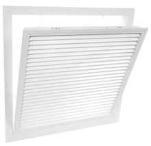 Load image into Gallery viewer, 20x20 hinged aluminum air vent cover opened view showing hinged access panel
