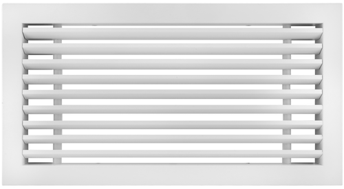 Front view of a white 14x6 inch linear bar grille HVAC vent cover in 30 degree deflection
