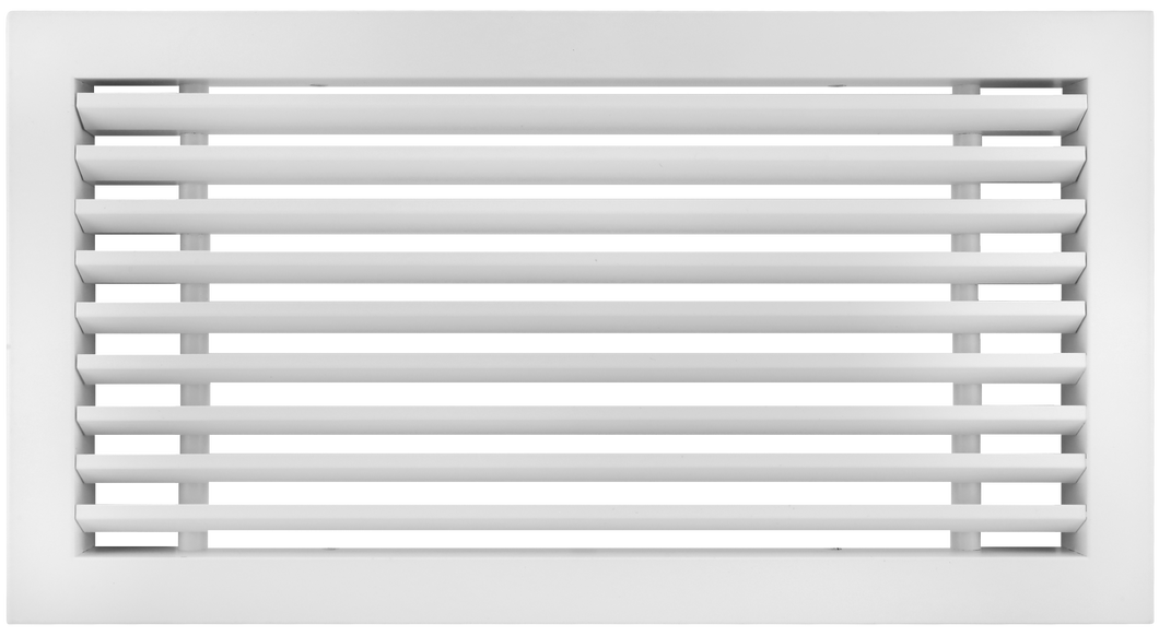 Front view of a white 18x6 inch linear bar grille HVAC vent cover in 30 degree deflection