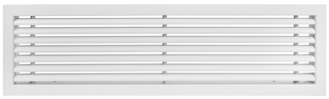 Front view of a white 20x6 inch linear bar grille HVAC vent cover in 30 degree deflection