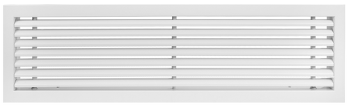 Front view of a white 22.75x5 inch linear bar grille HVAC vent cover in 30 degree deflection