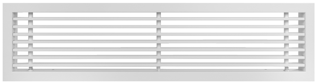 Front view of a white 22x6 inch linear bar grille HVAC vent cover in 15 degree deflection