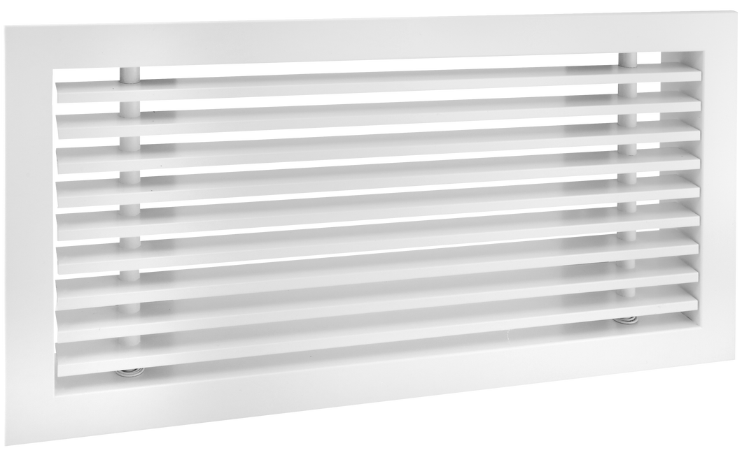Side view of a white 14x6 inch linear bar grille HVAC vent cover with a removable core in 15 degree deflection