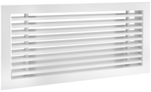 Load image into Gallery viewer, Side view of a white 16x6 inch linear bar grille HVAC vent cover with a removable core in 15 degree deflection
