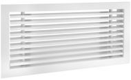 Side view of a white 20x6 inch linear bar grille HVAC vent cover with a removable core in 15 degree deflection