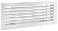 Side view of a white 22x4 inch linear bar grille HVAC vent cover with a removable core in 15 degree deflection