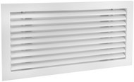 Side view of a white 22x6 inch linear bar grille HVAC vent cover with a removable core in 30 degree deflection
