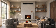 Load image into Gallery viewer, Black triple linear slot diffuser installed above a fireplace in a modern living room – Flo-Matrix HVAC
