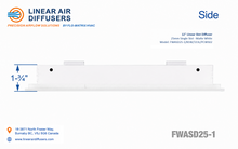 Load image into Gallery viewer, Side profile and dimensions of a 12-inch 1-slot linear slot diffuser with 25mm opening in matte white.
