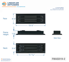 Load image into Gallery viewer, Overall dimensions of a 12-inch 2-slot linear slot diffuser with 19mm opening in matte black.
