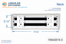 Load image into Gallery viewer, Neck dimensions of a 12-inch 2-slot linear slot diffuser with 19mm opening in matte white.
