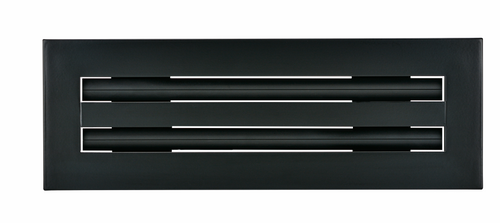Front view of a black 12-inch 2-slot linear diffuser with 19mm openings for precision airflow in commercial HVAC systems