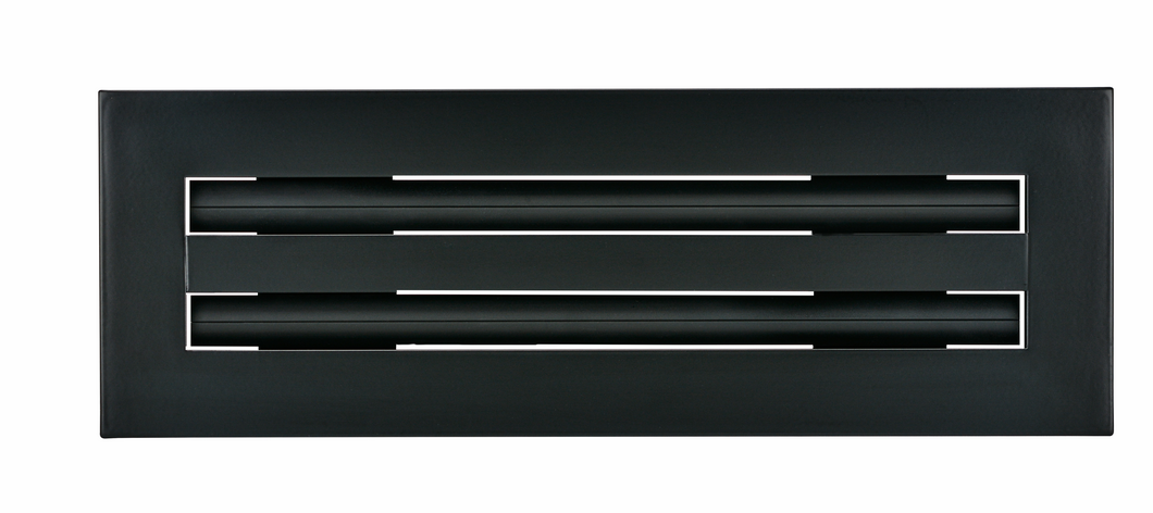 Front view of a black 12-inch 2-slot linear diffuser with 19mm openings for precision airflow in commercial HVAC systems