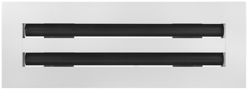Front view of a white 12 inch 2-slot linear diffuser with 19mm openings for precision airflow in commercial HVAC systems