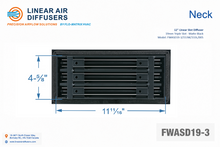 Load image into Gallery viewer, Neck dimensions of a 12-inch 3-slot linear slot diffuser with 19mm opening in matte black.
