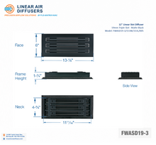 Load image into Gallery viewer, Overall dimensions of a 12-inch 3-slot linear slot diffuser with 19mm opening in matte black.
