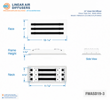 Load image into Gallery viewer, Overall dimensions of a 12-inch 3-slot linear slot diffuser with 19mm opening in matte white.
