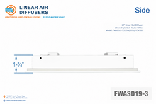 Load image into Gallery viewer, Side profile and dimensions of a 12-inch 3-slot linear slot diffuser with 19mm opening in matte white.
