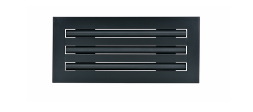 Front view of a black 12 inch 3-slot linear diffuser with 19mm openings for precision airflow in commercial HVAC systems