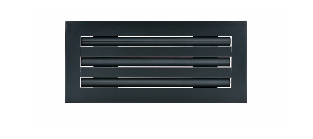 Front view of a black 12 inch 3-slot linear diffuser with 19mm openings for precision airflow in commercial HVAC systems