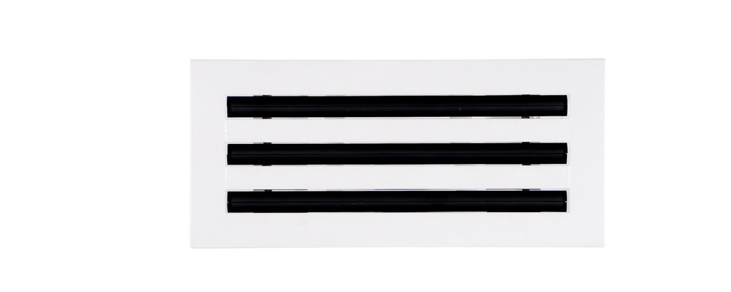 Front view of a white 12 inch 3-slot linear diffuser with 19mm openings for precision airflow in commercial HVAC systems