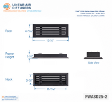Load image into Gallery viewer, Overall dimensions of a 12x4-inch 2-slot linear slot diffuser with 25mm opening in matte black.
