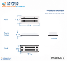 Load image into Gallery viewer, Overall dimensions of a 12x4-inch 2-slot linear slot diffuser with 25mm opening in matte white.
