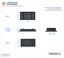 Load image into Gallery viewer, Overall dimensions of a 12x6-inch 3-slot linear slot diffuser with 25mm opening in matte black.
