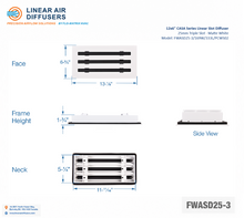 Load image into Gallery viewer, Overall dimensions of a 12x6-inch 3-slot linear slot diffuser with 25mm opening in matte white.
