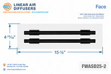Load image into Gallery viewer, Face dimensions of a 14x4-inch 2-slot linear slot diffuser with 25mm opening in matte white.
